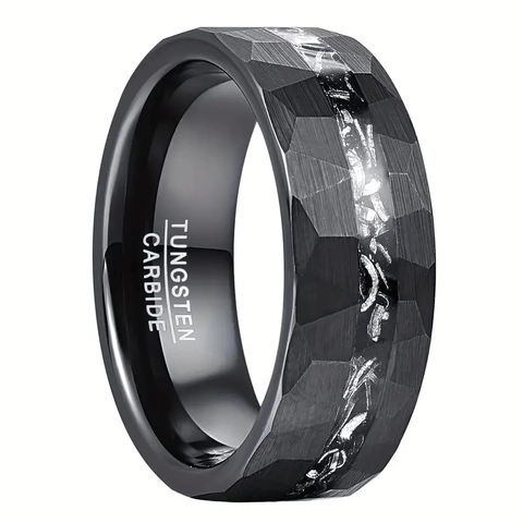 Anillo De Hombre Carburo De Tungsteno Acabado Martillado Imitación Meteorito Incrustación Ajuste Cómodo Negocios Vintage Negro Banda