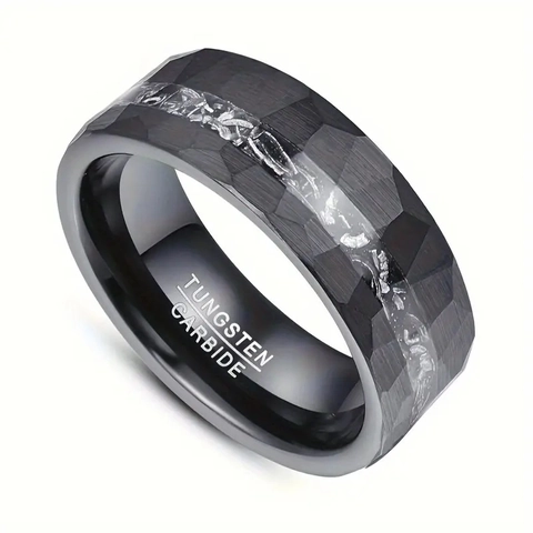 Anillo De Hombre Carburo De Tungsteno Acabado Martillado Imitación Meteorito Incrustación Ajuste Cómodo Negocios Vintage Negro Banda