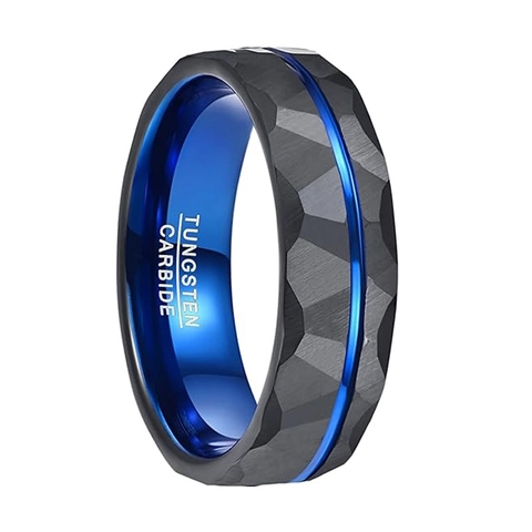 Anello In Carburo Di Tungsteno Finitura Martellata Nero Blu Bicolore Bordo Smussato Gioielli Di Moda Classica Per Uomo