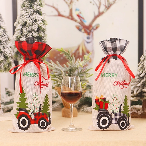 Weihnachts Weinflaschen Hülle Sackleinen Karo Traktor LKW Geschenktüte Für Feiertags Party Abendessen Dekoration