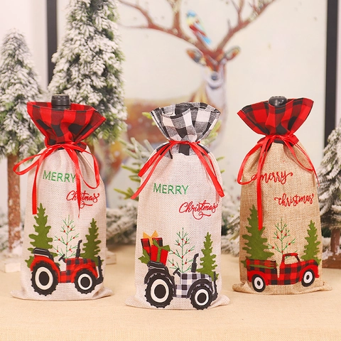 Funda Para Botella De Vino De Navidad Arpillera Cuadros Tractor Camión Bolsa De Regalo Para Decoración De Fiesta