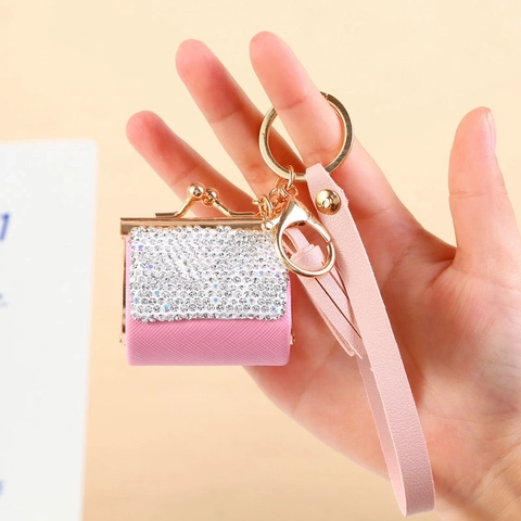 Mini Bag Keychain Rhinestone PU Leather Coin Purse Tassel Wristlet Strap Handbag Pendant Decoration Women Accessory