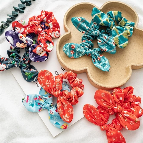 Coleteros De Navidad Gomas Para El Pelo Con Orejas De Conejo Lazo Tela Terciopelo Accesorios Para El Cabello