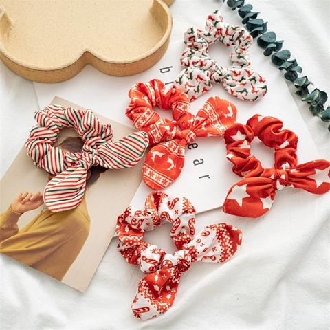 Coleteros De Navidad Gomas Para El Pelo Con Orejas De Conejo Lazo Tela Terciopelo Accesorios Para El Cabello