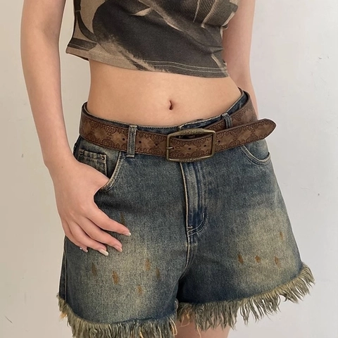 Damen Vintage Geprägter PU Ledergürtel Mit Legierung Dornschnalle Y2K Ethno Stil Boho Taillen Accessoire Retro Mode