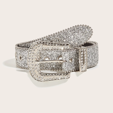 Rhinestone Belt Women Western Y2K Style PU Leather Sparkling Glitter Waistband With Metal Eyelets