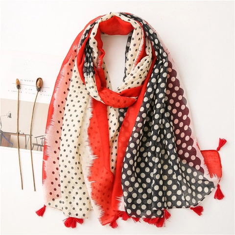Sciarpa Scialle A Pois Colori A Contrasto Leggero Effetto Cotone Lino Traspirante Nappa Frangia Protezione Solare Per Donna