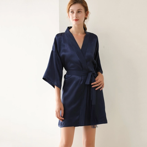 Women's Sexy Satin Kimono Robe Elegant Solid Color Sleepwear V-Neck Bathrobe With Waist Tie Comfortable Home Loungewear