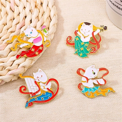 Cartoon Cat Enamel Brooch Pin Dunhuang Flying Apsaras Style Zinc Alloy Jewelry Bag Accessory Souvenir Gift Kids Adults