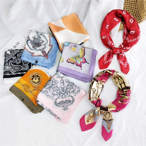 Women Square Satin Like Scarf Polyester Satin Paisley Flower Print Neckerchief Hair Band Head Accessory Fashion Gift