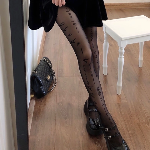 Women Sexy Lolita Japanese English Letter Printed Tights Slim Fit Nightclub Party Hosiery Polyester Sheer Pantyhose