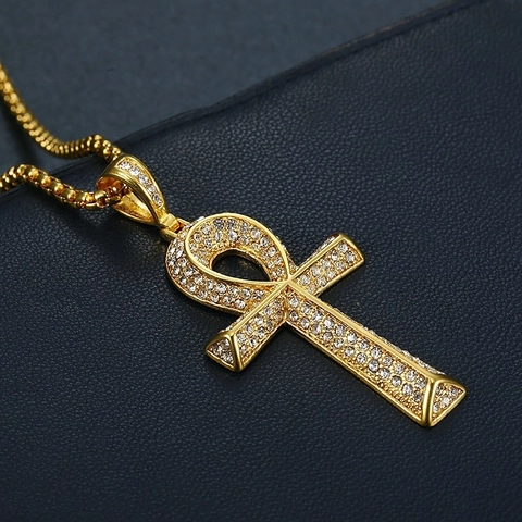 Hip Hop Stainless Steel Egyptian Ankh Cross Pendant Necklace For Men Women Gold Silver Rhinestone Religious Jewelry Necklace