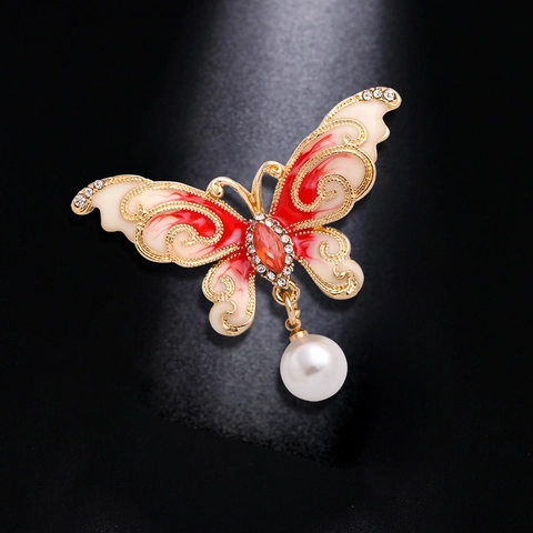 Schmetterling Brosche Anstecknadel Legierung Emaille Flügel Straß Dekor Künstliche Perle Anhänger Elegant Vintage Schmuck Damen