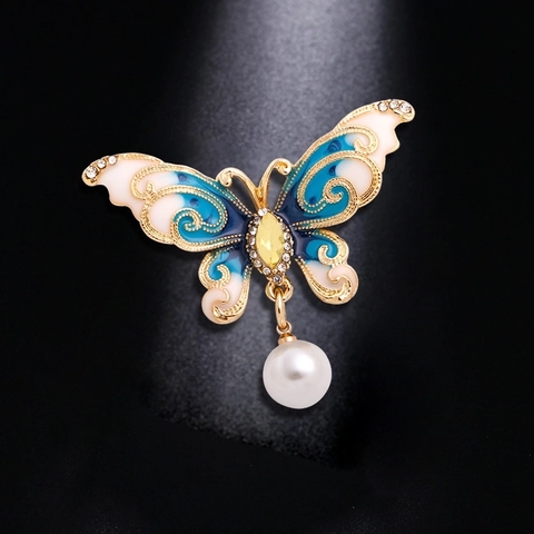 Butterfly Brooch Pin Alloy Enamel Wings Rhinestone Decor Faux Artificial Pearl Pendant Elegant Vintage Jewelry For Women
