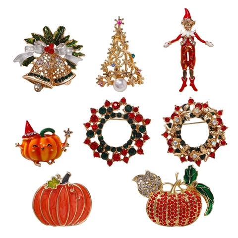 Spille Di Natale Halloween Lega Strass Smalto Pin Zucca Campanello Elfo Albero Corona Festa Accessori Abbigliamento Regali