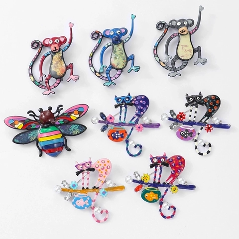 Cartoon Cat Monkey Animal Enamel Brooch Pin Cute Zinc Alloy Drip Oil Rhinestone Artificial Pearl Badge For Women Jewelry Gift