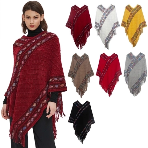 Women Knitted Poncho Shawl Ethnic Geometric Pattern Fringe Tassels Pullover V-Neck Soft Acrylic Winter Warm Cape