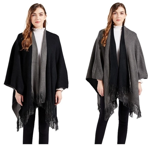 Damen Wendbarer Strick Poncho Schal Acryl Warm Winter Quasten Vorne Offen Cape Mode Oberbekleidung