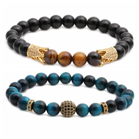 Natural Tiger Eye Stone Black Agate Beaded Bracelet Copper Alloy Micro Pave Zircon Crown Handmade Jewelry Unisex