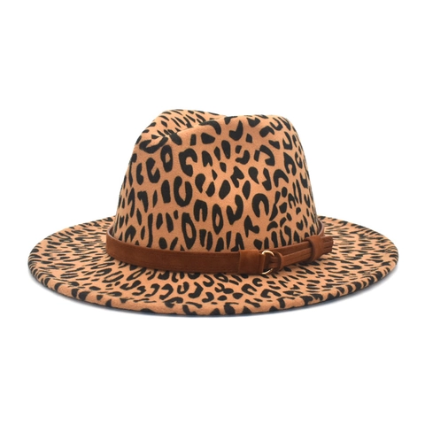 Cappello Fedora Con Stampa Leopardata Tesa Larga Feltro Di Lana Cappello Jazz Con Cintura Decorativa Stile Retrò Unisex