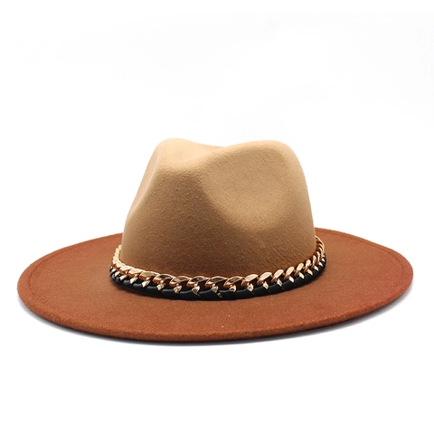Gradient Color Wool Felt Fedora Hat Wide Brim Jazz Style With Metal Chain Band Adjustable For Men Women