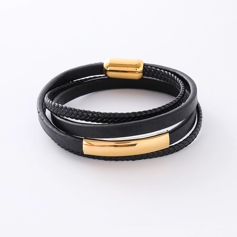 Mehrlagiges Leder Geflochtenes Armband Für Herren Mit 304 Edelstahl Gold Metallleiste Und Magnetverschluss Minimalistisch