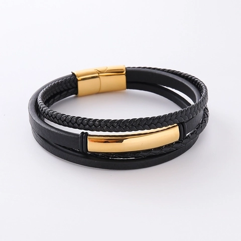 Herren Mehrlagiges Geflochtenes Lederarmband Mit Vergoldetem Edelstahl Magnetverschluss Minimalistisches Geometrisches Design