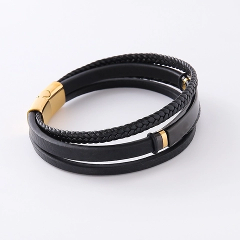 Fashion Men Multilayer Braided Leather Bracelet With 304 Stainless Steel Magnetic Clasp Geometric Wrap Hand Accessory