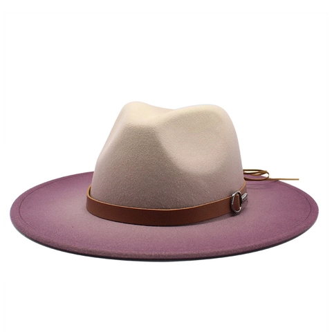 Vintage Woolen Felt Fedora Hat Gradient Color Wide Brim Jazz Cap With Leather Belt Decor For Men Women