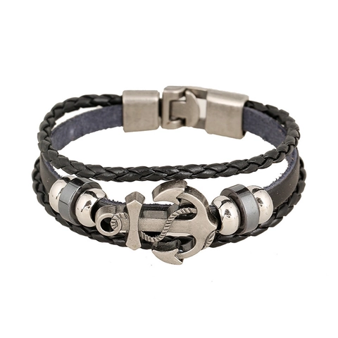 Bracelet Tressé En Cuir Véritable Multicouche Vintage Pour Hommes Avec Pendentif Ancre En Métal Alliage Style Nautique Bijoux