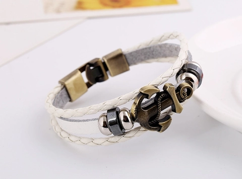 Bracelet Tressé En Cuir Véritable Multicouche Vintage Pour Hommes Avec Pendentif Ancre En Métal Alliage Style Nautique Bijoux