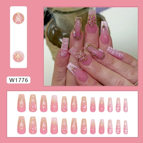 Pink Gradient Press On Nails 3D Flower Design ABS Plastic Coffin False Nails Glossy Star Pattern For Women