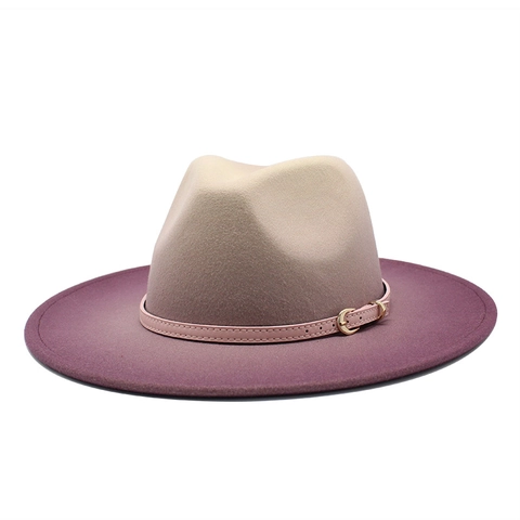 Vintage Fedora Hat Woolen Felt Gradient Two-Tone Wide Brim British Style Jazz Hat With Leather Band For Men Women