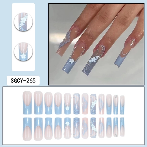 Uñas Postizas French Azules Press On Nails Coffin Largo Con Flor 3D Perla Artificial Diamante De Imitación Dulces Puntas De Uñas