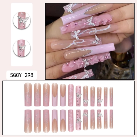 Long Coffin Press On Nails Pink Gradient With 3D Silver Butterfly And Flower Rhinestone Glitter Design