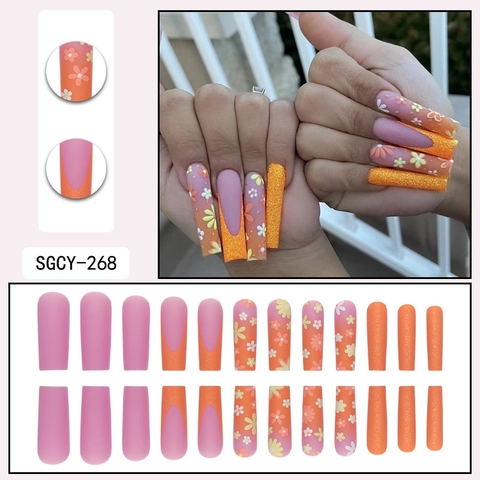 Press On Nails Long Coffin Fake Nails Orange French Matte Colorful Flower Patterns Glitter Accent Ins Style For Women