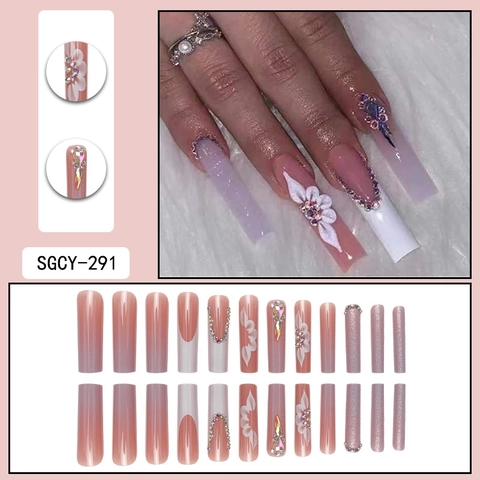 Long Coffin Press On Nails Gradient Pink Purple Rhinestone 3D Flower Glitter Fake Nails Manicure For Women