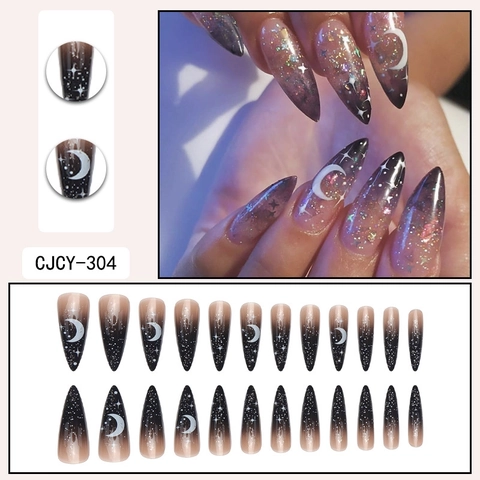 Halloween Stiletto Faux Ongles Long Lune Étoile Dégradé Paillettes Plastique Pour Femmes Manucure