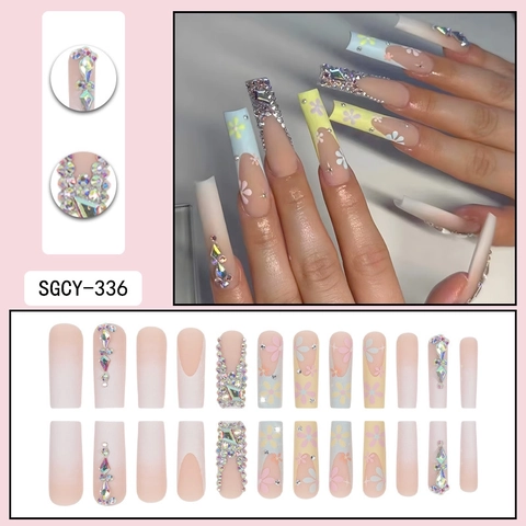 Extra Lange Sargform Künstliche Nägel Strass Blumen Handgemachte Luxus Falsche Nägel Für Frauen Mode Elegant Funkelnd