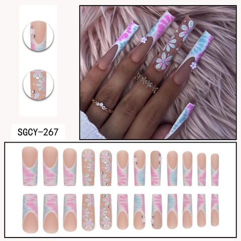 Long Coffin Press On Nails 3D Flower Tie Dye French Style Pink Blue Fake Nails With Rhinestones For Women