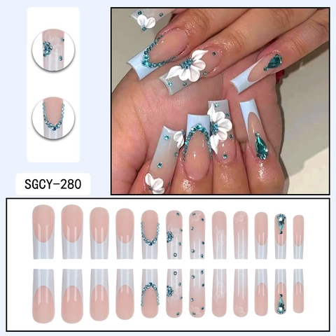 Uñas Postizas Press On Largas Ataúd Gradiente Francés Flores Blancas Tridimensionales Diamantes Azules Elegante Mujer