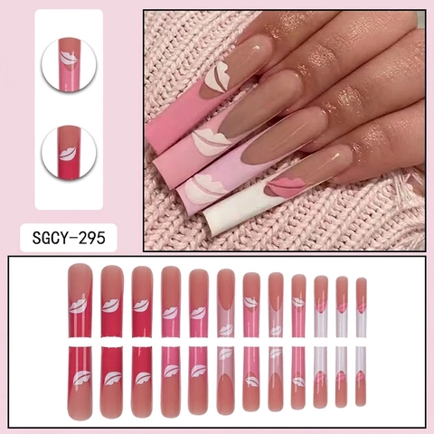 Unghie Finte Quadrate Extra Lunghe Sfumate Rosa French Lucido Motivo Labbra Unghie Artificiali Per Donna