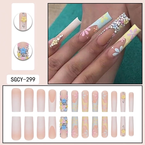 Press On Nails Long French Square With Dimensional Flower Rhinestone Artificial Pearl Macaron Colorful Glue On Fake Nails