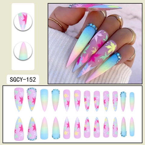 Unghie Finte Lunghe Stiletto Foglia Acero Colorata Sfumata Ombre Decorazione Strass ABS Unghie Artificiali