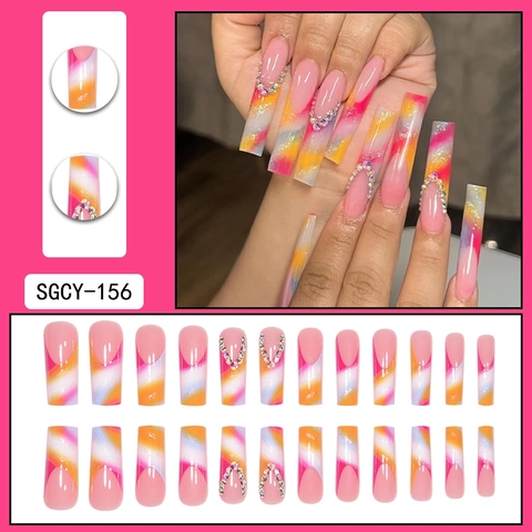 Uñas Postizas Largas Coffin De Presión Diseño De Remolino Degradado Colorido Con Diamantes De Imitación Brillo