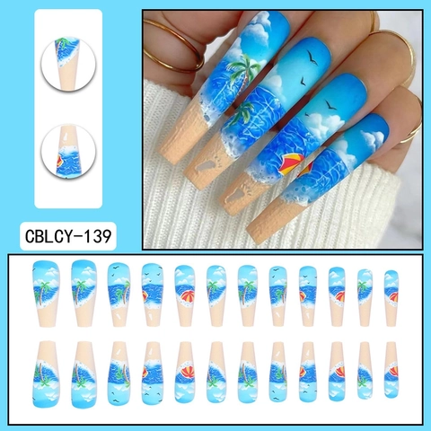 Uñas Postizas Largas Coffin Tema Playa Verano Estilo Pintado A Mano Patrón Océano Palmera Para Mujeres