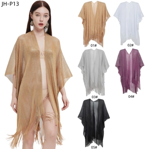Women Metallic Mesh Shawl Shiny Tassel Beach Cover Up Hollow Out Party Poncho Lightweight Breathable Wraps