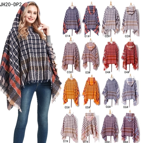Women Hooded Poncho Plaid Pattern Tassel Fringe Warm Winter Wrap Shawl Casual Polyester Pullover Cape