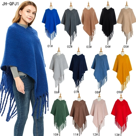 Women's Thick Knit Poncho Shawl With Long Fringe Mohair Look Solid Color Warm Winter Pullover Wrap For Daily Outdoor Casual