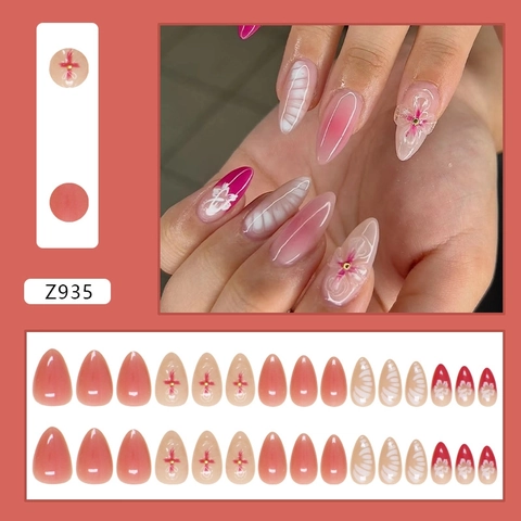 Press On Nails Mandorla Sfumato Rosa Bianco Fiori Tridimensionali Strass Elegante Riutilizzabile ABS Unghie Finte Donne